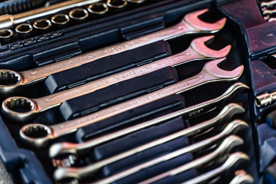Row of spanners and hand tools